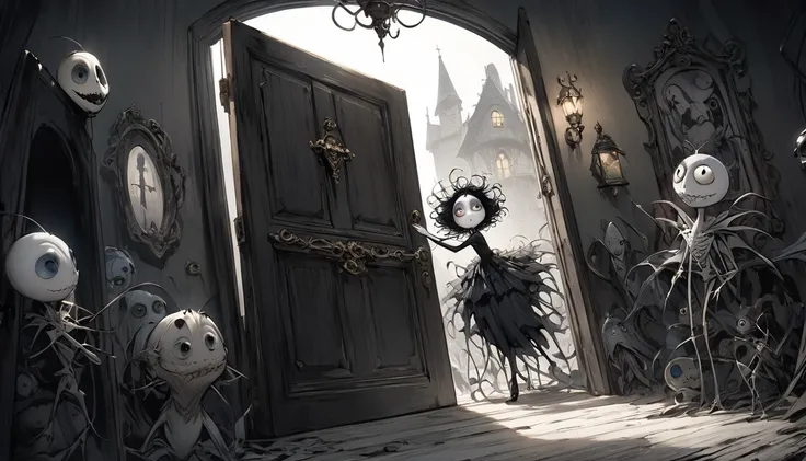 god、  Tim Burton's World、   top quality  ,  Masterpiece,    high detail,    looks like a scene from a movie、The person who opens the door、