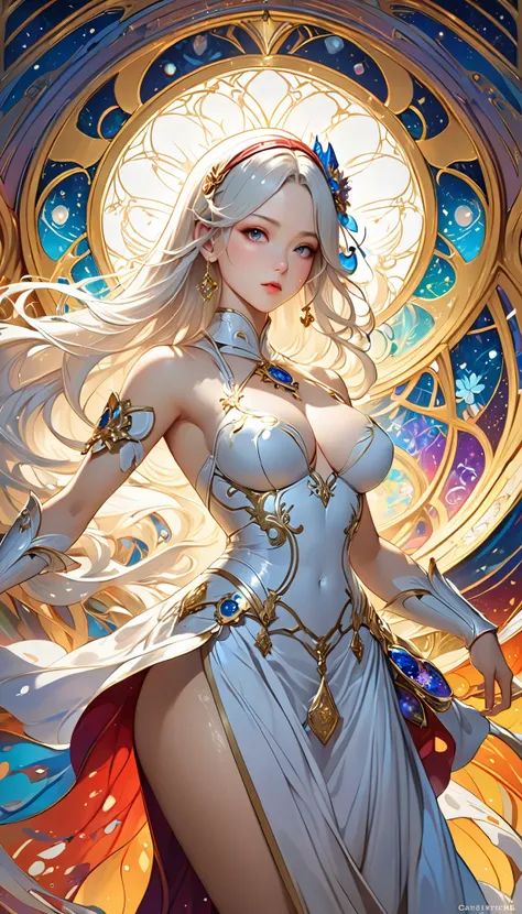  8k resolution,  Masterpiece,  top quality,  Award-winning work ,  unrealistic,  the only sexy woman, healthy shaped body, Age 25,  White Wavy Long Hair,  hair band,  large, firm bust swings, army commander, Pure white armor with a complex structure , , , ...