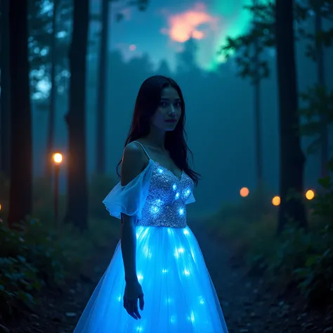 surrealism image of a beauty  female model wearing  a dress that lights up blue in the forest and around  the forest there are bright,colorful lights  and the womans expression  is smiling faintly and above the sky there is a beautiful aurota phenomenon