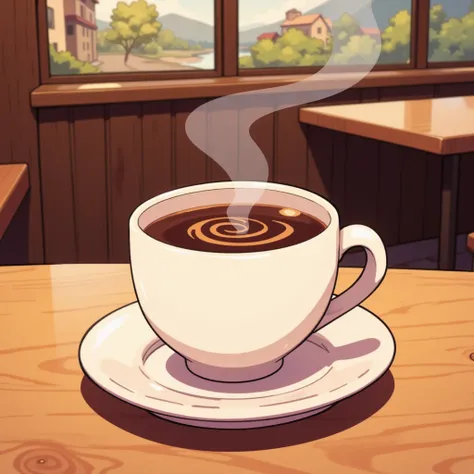 Coffee in a coffee cup、cafe art 、 on wooden table、2D illustration、illustration、Clear colors、Anime Design、 A clear line、 clear line 、Thick Line、 simple illustration without gradation。