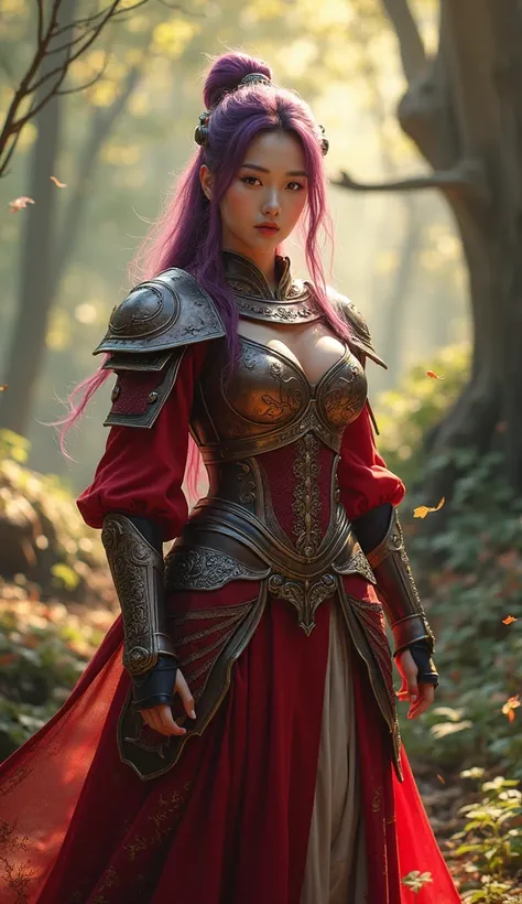 (esil radiru:1.2), 1girl, solo, cowboy shot, standing, Korean, a beautiful girl, 20 year-old, Delight, looking at viewer, (red eyes, purple hair, long hair, braid:1.2), pointy ears, (facial mark:1.2), tall, Athletic, large breasts, narrow waist, wide hips,...