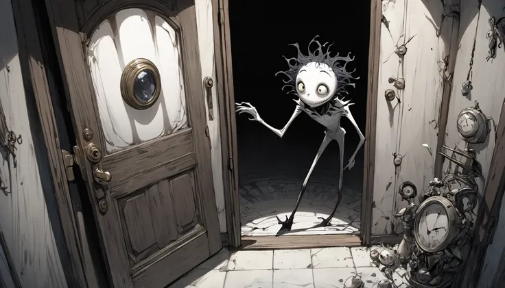 god、  Tim Burton's World、   top quality  ,  Masterpiece,    high detail,    looks like a scene from a movie、The person who opens the door、