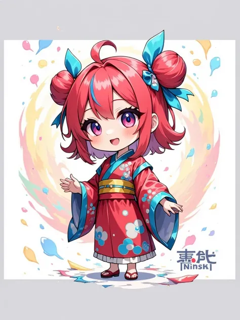 ( chibi:1.4), chibi character, chibi style, toe, (cwhite background:1.4),full body,masterpiece, high quality, 4K, HDR,, A girl with frills,  anime style, Ninja、 with a cheerful smile、 opens your mouth wide、 simple background、Japanese style、 red kimono、Smal...