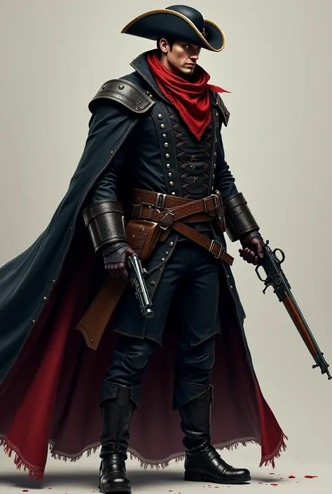  Create an image of a bounty hunter ,  his name is Ulysses Martinengo is a rich nobleman yearning for power and money, a skilled fighter ,  wearing a bandana, a black cape and a tricorn hat , uses rifles and pistols as his main weapons , he has a very dark...