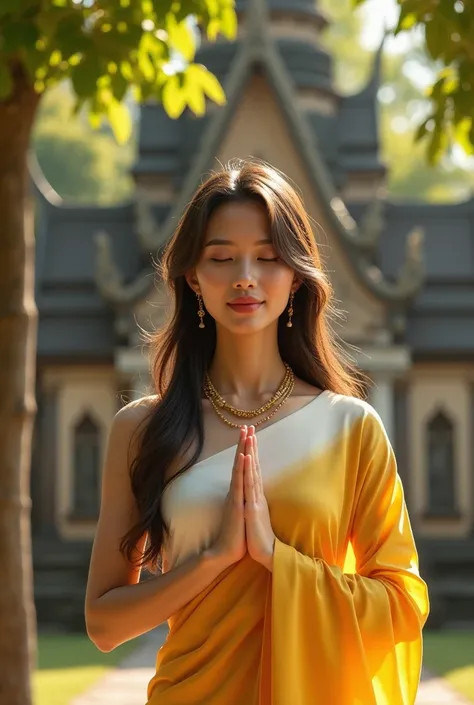 Beautiful Thai woman, 30 years old, red lips, brown hair mixed with gray, long hair, wearing a Sukhothai Thai dress, yellow gradient, white gradient, gold gradient, wearing a gold necklace, standing with hands together in prayer, in front of an ancient tem...