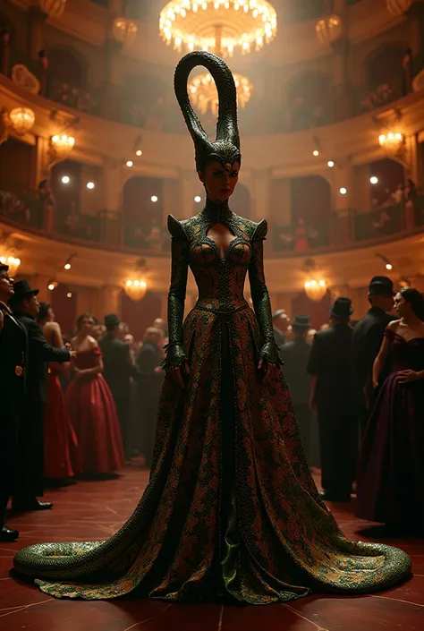 A majestic shot: The Opera Snake Queen - In a dimly lit, ornate opera house, the Snake Woman stands center stage, her stunning costume adorned with a vibrant snake pattern that shimmers under the dramatic lighting. The masked ball attendees swirl around he...