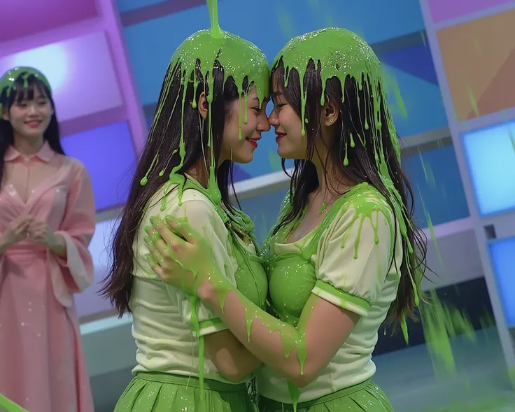 DSLR photograph. two sexy japanese girls hugging covered in green water. (Photorealistic: 1.4). (Raw photo: 1.2). Gameshow background. Wearing Japanese schoolgirl uniform. Raining slime. Green slime. Cleavage. 21 years old. wearing school uniforms