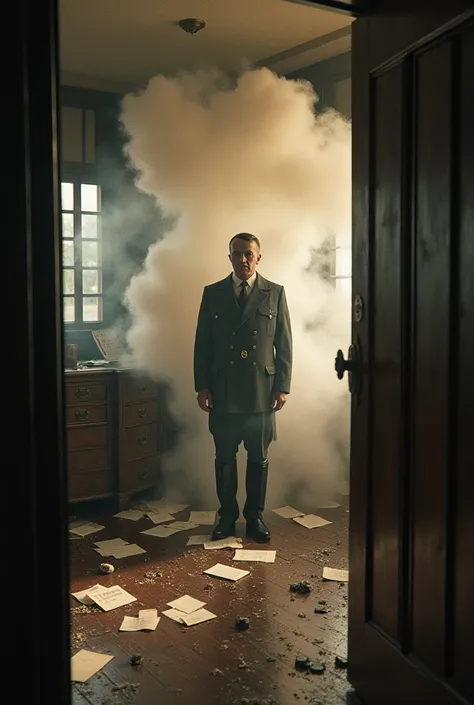 Inside a war room, smoke fills the air after a bomb explodes, but the surrounding heavy wooden furniture forms a shield around a standing figure resembling Hitler, who remains untouched. The aftermath of the blast is chaotic, with papers and fragments scat...