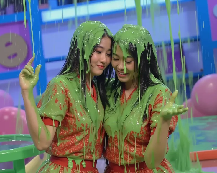 DSLR photograph. two sexy japanese girls hugging covered in green water. (Photorealistic: 1.4). (Raw photo: 1.2). Gameshow background. Wearing Japanese schoolgirl uniform. Raining slime. Green slime. Cleavage. 21 years old. wearing school uniforms