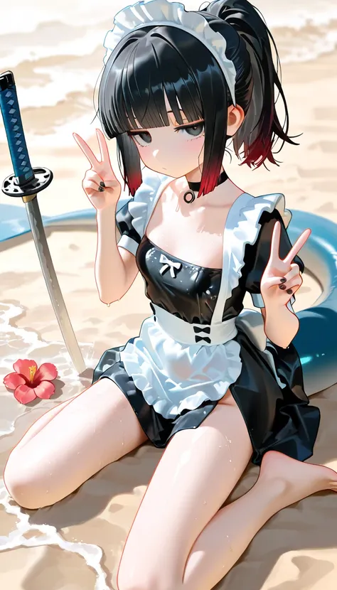 1girl, black eyes, jitome, Black Hair, red Gradient Hair, blunt bangs, hime cut, ponytail, long shark tail, small Breast, maid, high-waist, Side slit skirt, Choker, bare legs, foot, toenails, nail polish, black nails, masterpiece, best quality, Perfect det...