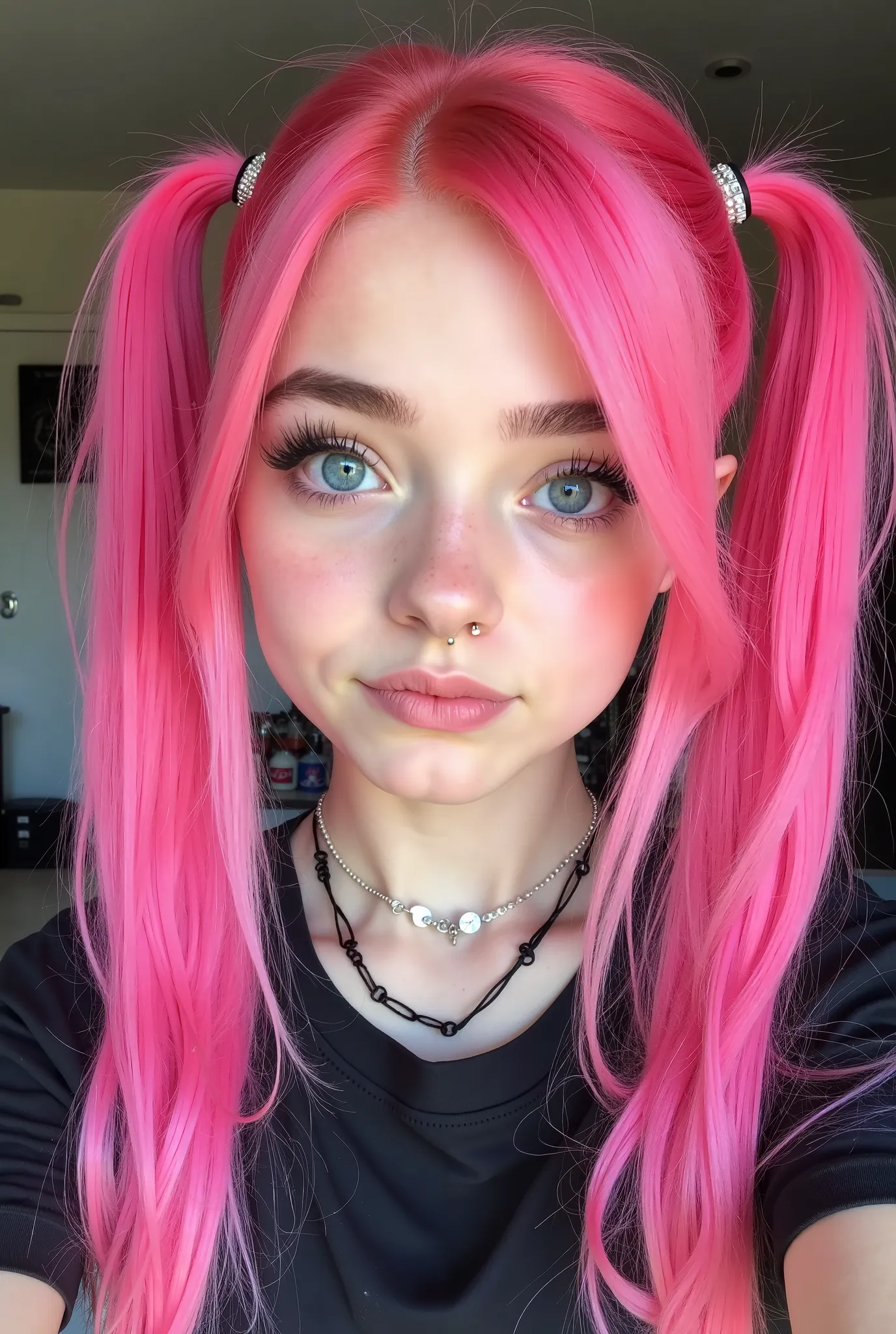 a selfie of a 18 year old girl with bright pink hair in pigtails, brown eyebrows, blue hooded eyes, wider nose, strong jawline, small forehead, piercings; left eyebrow, septum, vertical labret, snake bites