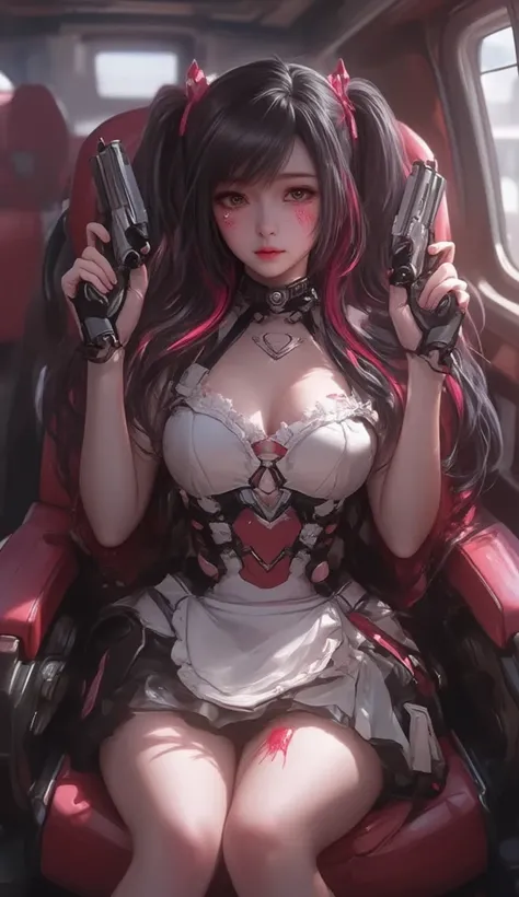   in the seat,  wearing a miniskirt maid outfit, long black hair with red inner color,tragic,  twin tails, (( sad expression 2 .5)),((Shedding Bloody Tears 2 .5)) big breasts,   ,Crazy Eyes, Holding up 2 handguns  , Portrait of ,My husband is falling down ...