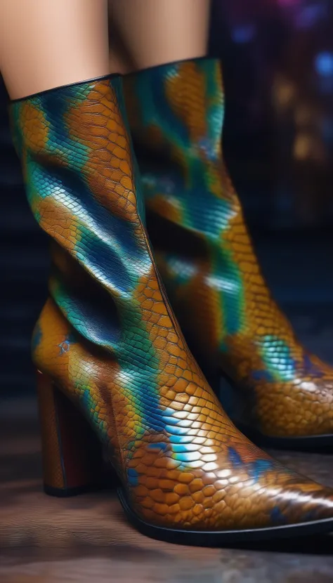 a beautiful woman wearing high-cut snake leather boots, close-up of her feet, masterpiece, best quality:1.2, hyperrealistic, photorealistic, sharp focus, 8k, ultra-detailed, physically-based rendering, vivid colors, dramatic lighting