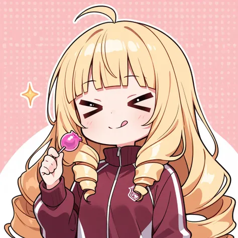 upper body, a Chibi Character, Solo, a girl, > <, :q, blonde, long hair, ahoge, drill hair, blunt bangs, wearing a maroon sportswear, neutral, expressionless, holding hard candy, cute, anime, Masterpiece, best hand