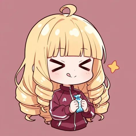 upper body, a Chibi Character, Solo, a girl, > <, :q, blonde, long hair, ahoge, drill hair, blunt bangs, wearing a maroon sportswear, neutral, expressionless, holding hard candy, cute, anime, Masterpiece, best hand