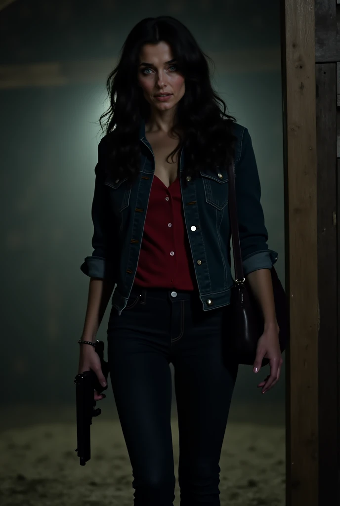 woman, realistic,  black hair,  long hair, dark black denim jacket,  blood-red blouse without button, Closed blood-red blouse,  black shoes dark black jeans, black heel shoe , small black shoulder bag, Gun in hand, standing, inside a shed, At night, scared...