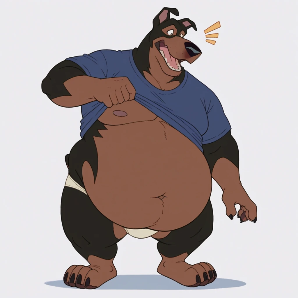 BusterLT, furry, anthro, anthro body, canine, doberman, black eyes, black nose, black body, black fur, brown body, brown fur, two tone body, two tone fur, pink inner ear, solo, chubby build, (((very obese)), ((obese, fat, overweight)), big belly, pot-belli...