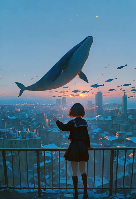 masterpiece, high score, great score, absurdres, 1girl, whale, scenery, car, outdoors, building, city, skirt, school uniform, solo, motor vehicle, sky, short hair, flying fish, serafuku, standing, from behind, pleated skirt, black skirt, surreal, long slee...