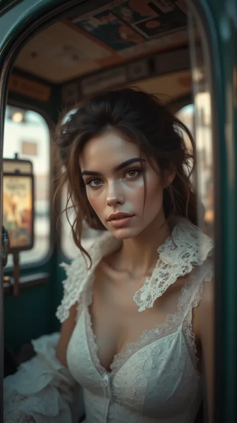  Masterpiece, (front focus),  Surrealist woman portrait,  fantasy art on a model bus,  realism,   dynamic lighting ,  ART STATION, posters, Volumetric Lighting,  very detailed face, Black hairy eyes,  Eyeliner,4K,  Award-winning,  in the seat,  discreet , ...