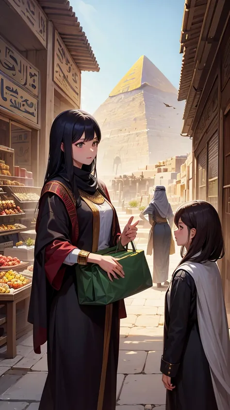   high-res ， landscape、 An old-era market unique to the Middle East, shopping mall,  ( two girls and one man in an Egyptian suit talk)  、Market background on a hill overlooking the pyramids  。