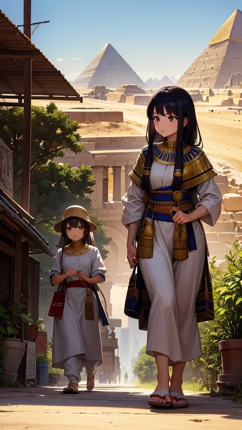   high-res ， landscape、 An old-era market unique to the Middle East, shopping mall,  ( two girls and one man in an Egyptian suit talk)  、Market background on a hill overlooking the pyramids  。