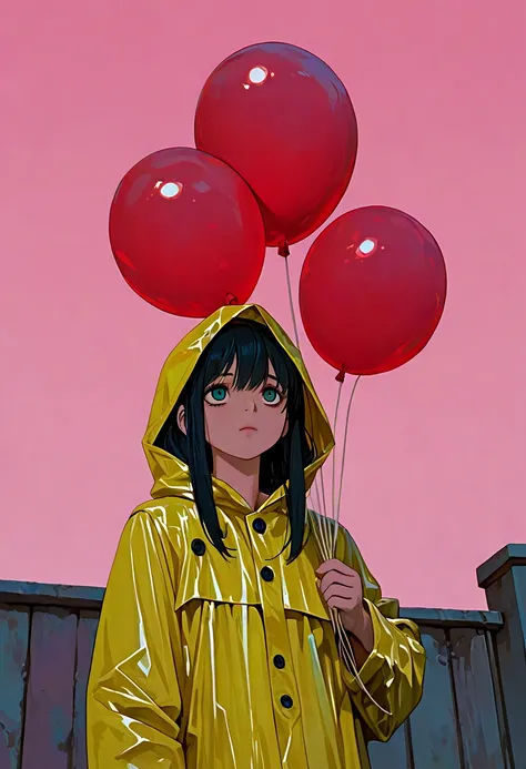 1girl, blacnk stare, yellow raincoat, solo, holding red balloon, cyan background, simple background, wall, pink sky, cinematic still from Wes Anderson movie, masterpiece, best quality, amazing quality, very aesthetic, absurdres