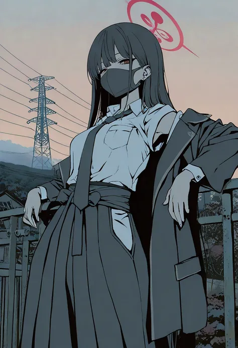 masterpiece, best quality, 1girl, blue archive, detached sleeves, armpit peek, collared shirt, military uniform, leaning back, delinquent, mouth mask, open jacket,  key visual, high contrast, muted color, official art, house, sky, transmission tower, hakam...