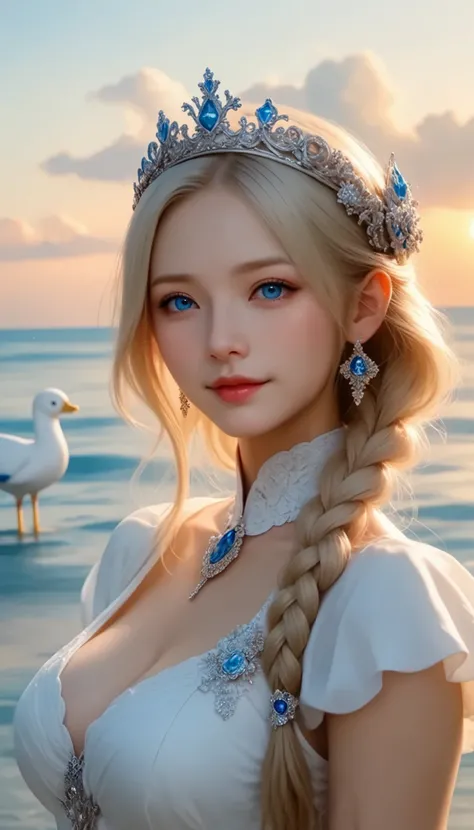 A girl came out of the sea , Princess Swan in Russian mythology , Beautiful and calm face, blue eyes, Long blonde hair braided, The moon is woven into the hair at the back of the head., Old Russian shiny white clothes, with a Kokoshnik crown on her head...