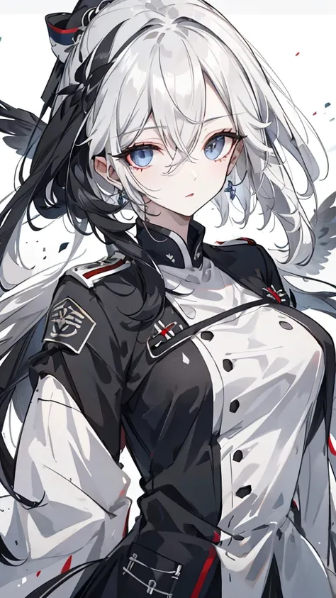 Swallow ， ebony long hair ， tip is white ， different colored eyes ， Eye color is different ，The left eye is black， right eye is silver ， Black Decoration White Military