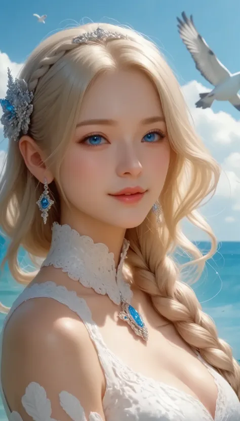  A girl came out of the sea , Princess Swan in Russian mythology , Beautiful and calm face,  blue eyes, Long blonde hair braided, The moon is woven into the hair at the back of the head., Old Russian shiny white clothes,  with a Kokoshnik crown on her head...