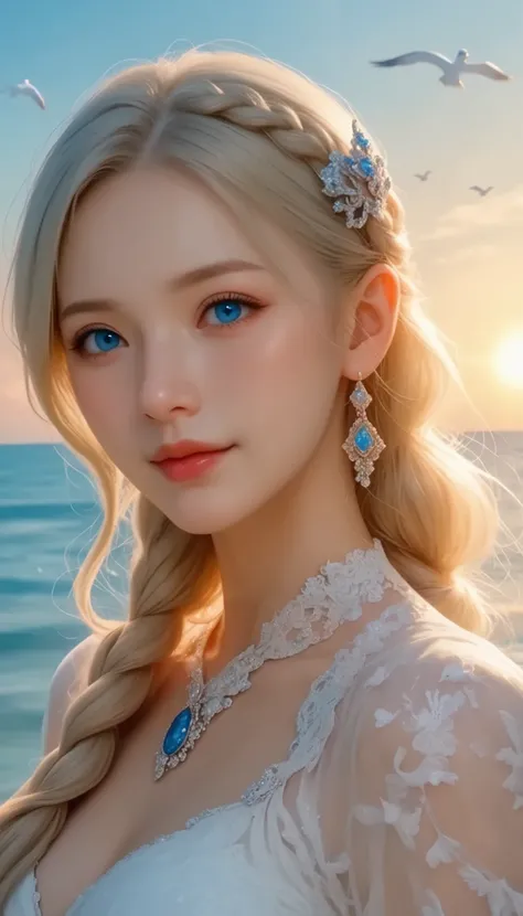 A girl came out of the sea , Princess Swan in Russian mythology , Beautiful and calm face, blue eyes, Long blonde hair braided, The moon is woven into the hair at the back of the head., Old Russian shiny white clothes, with a Kokoshnik crown on her head...