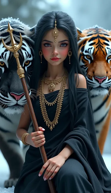 

Create A 3D Hd So Cute Image Of Cute Baby Girl
Wearing Desiner vanta black l colour Saree Long Black Hair Golden Jwellery, Beautiful Bright big dark Red Eyes, Holding Trident trishul in his hand, The Cute Girl is inside black tiger maa durga and black ti...