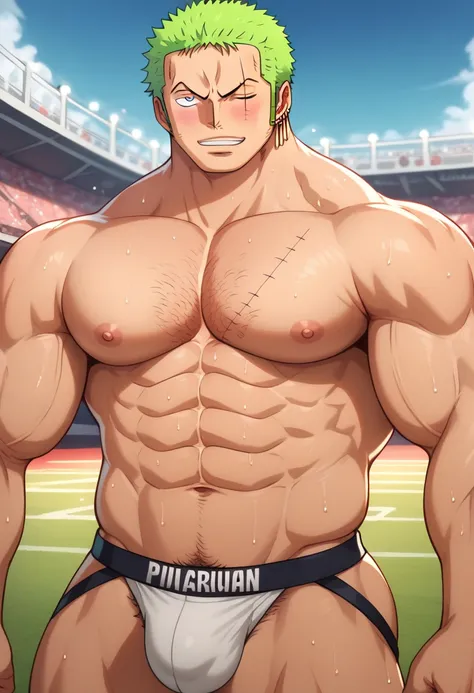 Roronoa Zoro, gridiron football, football shoulder pads, jockstrap, muscular, muscles, broad shoulders, massive pecs, sweaty, hairy chest, glowing spiral in the eyes, blank expression, vacant stare, hypnotized, brainwashed, focused, High Resolution