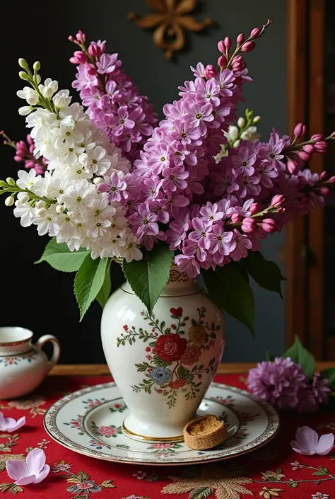 composition masterpiece in a vase with the image of Hin galazki with flowers flowers without flowers or common lilac called lilac in three colors white lilac and burgundy color of these flowers and foxes on a wooden table with embroidered tablecloth and ch...