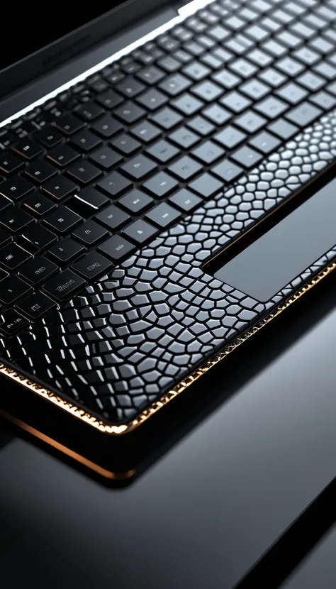 a sleek, futuristic black snakeskin-patterned laptop, highly detailed, intricate scales, glossy and reflective surface, advanced technology, contemporary design, minimalist style, clean lines, metallic accents, backlit keyboard, high-end materials, premium...