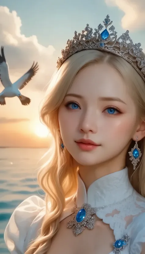 A girl came out of the sea , Princess Swan in Russian mythology , Beautiful and calm face, blue eyes, Long blonde hair braided, The moon is woven into the hair at the back of the head., Old Russian shiny white clothes, with a Kokoshnik crown on her head...