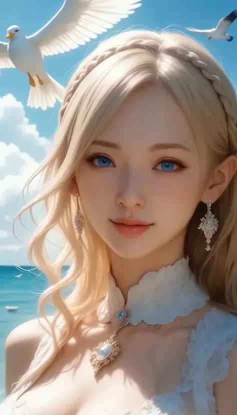 A girl came out of the sea , Princess Swan in Russian mythology , Beautiful and calm face, blue eyes, Long blonde hair braided, The moon is woven into the hair at the back of the head., Old Russian shiny white clothes, with a Kokoshnik crown on her head...