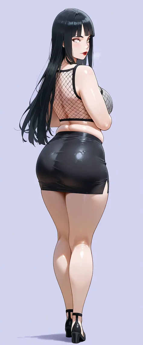 ((best quality)), ((masterpiece)), (detailed), hinata ,  hot and sexy nude woman  having massive boobies and thick thighs, voluptuous figure, belly folds, chubby body, black hair, red lips long hair, bent body, bright sunshine, looking at viewer, wide hips...