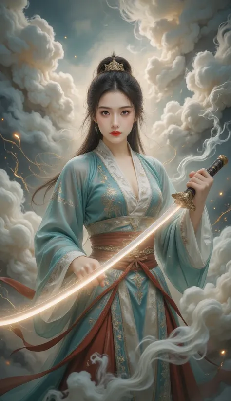 chinese clothes，cloud ，makeup，red lips ，smoke ，waves，Female swordsman Jade Fractal photography，Atomic Correct,Raw, Lenses, (Clear focus:1.5), (Reality:1.4), Dusk lighting, Volumetric Lighting, Ultra-high resolution, 16K,Dramatic Lighting, White background：...