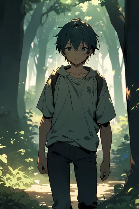 The boy lies down in the middle of the forest