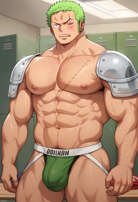 Roronoa Zoro, locker room, gridiron football, black shoulder pads, jockstrap, muscular, muscles, broad shoulders, massive pecs, sweaty, hairy chest, glowing spiral in the eyes, blank expression, vacant stare, hypnotized, brainwashed, focused, High Resoluti...