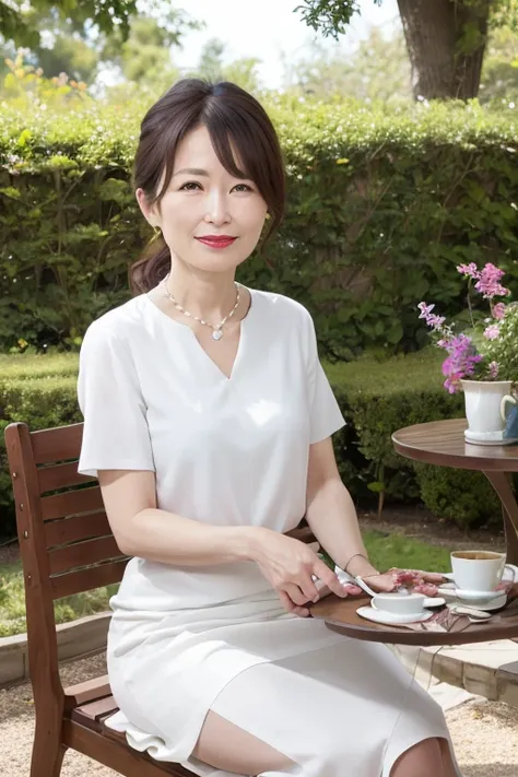  55 year old beautiful mature Japanese woman , Married woman, There are fine wrinkles, long eyelashes, Sparkling Eyes,  low ponytail, Red lipstick,  elegant, sexy shirt,  slit skirt,  pearl necklace,  under the blue sky, garden, Drinking tea,  table,  phot...