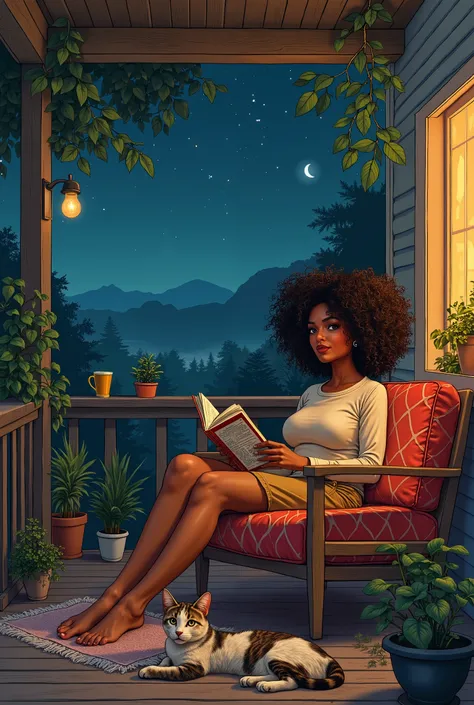 Tumbler drawing of a woman with curly Chanel hair , pele morena ,On a couch on the porch at night reading a book with a cat lying on the floor, with plants around it and a mug of tea,  cozy atmosphere  