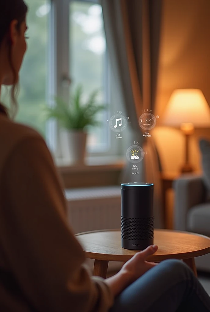 A cozy home scene with a person using a voice assistant like Alexa or Google Assistant. The assistant is responding to a command, with icons representing music, reminders, and weather updates floating around.