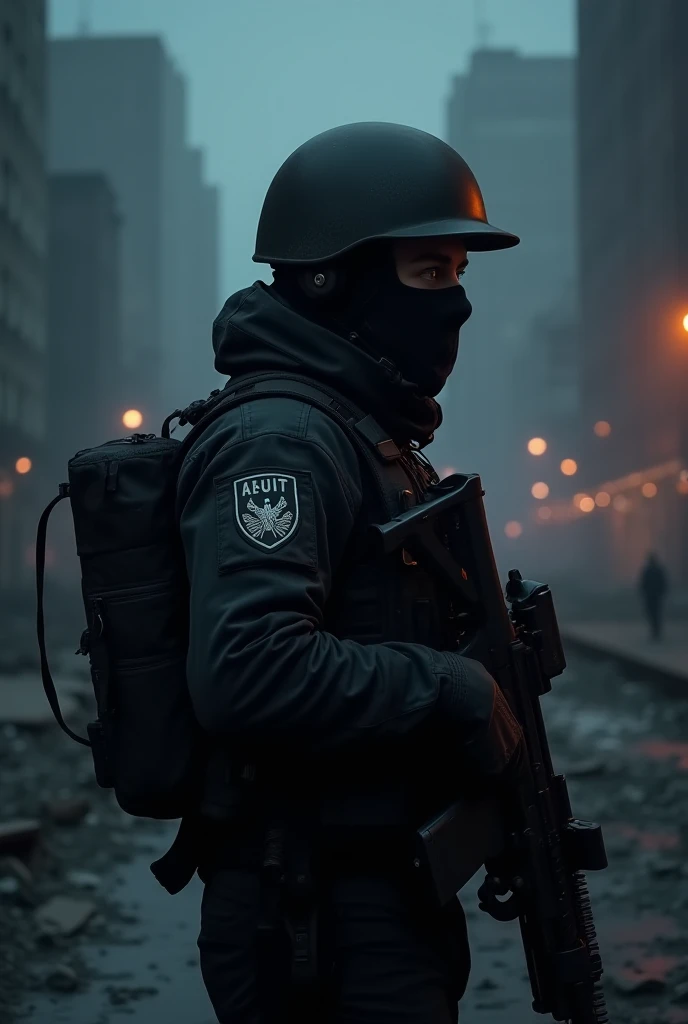 A cool commando in a black uniform against the background of a destroyed city at night,  side view, man on the move. in a helmet. in a helmet для военных обязательно. Zombie apocalypse,  SWAT squad all in black uniforms