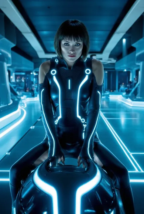 Olivia wilde (short black bobbed hair) wearing a sexy tron legacy costume. Sat on a tron light cycle 