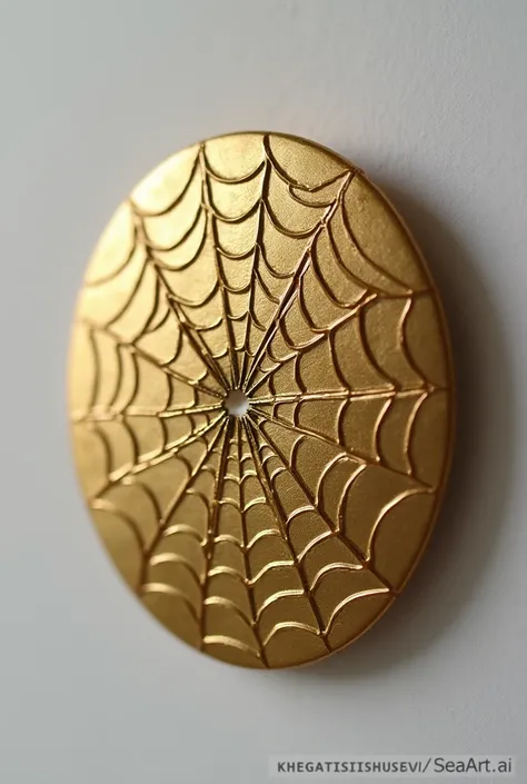 A delicate yet striking wax-carved gold pin featuring a minimalist spider web design, symbolizing patience and artistry. The polished gold surface enhances its intricate details. In the corner of the image, the text "KHEGATISHUSH via SeaArt.ai" is written,...