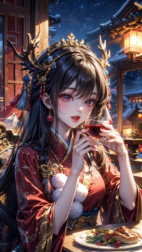 reality,night, Ancient Chinese Living Room ,Festive Design ,On the dining table, Two Different Chinese Women , very long hair,  Different Headpieces , Wearing a red festive uniform, Golden Phoenix Stripe Design , Drinking Wine Together , Neoclassical , rea...