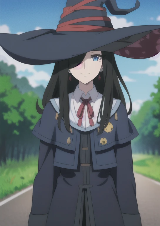 Fran \(majo no tabitabi\), ((ultra-detailed)), ((disheveled hair)), ((frills)), (1 girl), (solo), 1girl, blue sky, bush, closed mouth, day, earrings, forest, grass, hair over one eye, hat, hat ribbon, hood, jewelry, long hair, looking at viewer, mole, mole...