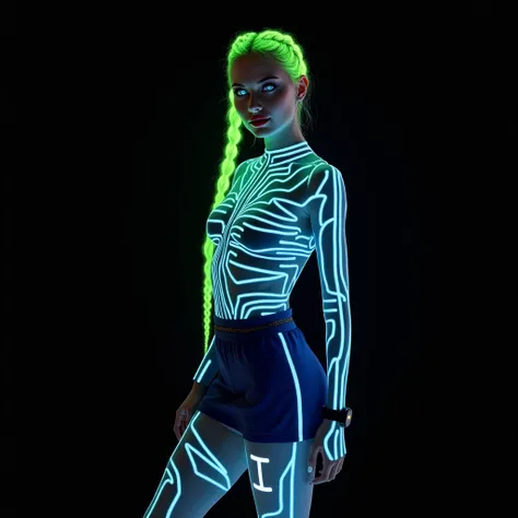 Ukrainian Russian woman, futuristic full body standing image in cyberpunk style of beautiful white blonde Russian woman with phosphorescent neon green braided hair and blue sporty mini skirt with futuristic accessories, illuminated glowing watch and smartp...